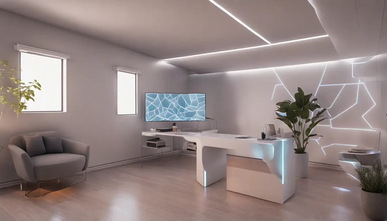 Profissional de avaliação imobiliária modernizando processos com simulação 3D no escritório, integrando tecnologia avançada no mercado de imóveis.