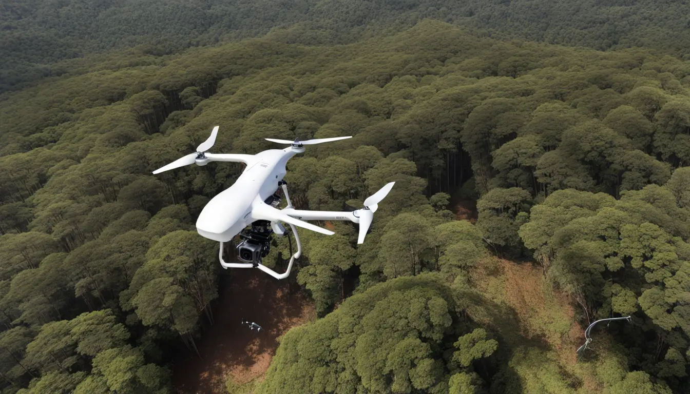 Drone de tecnologia ambiental realizando perícia em floresta verdejante com rio e equipe de cientistas recolhendo dados para preservação.