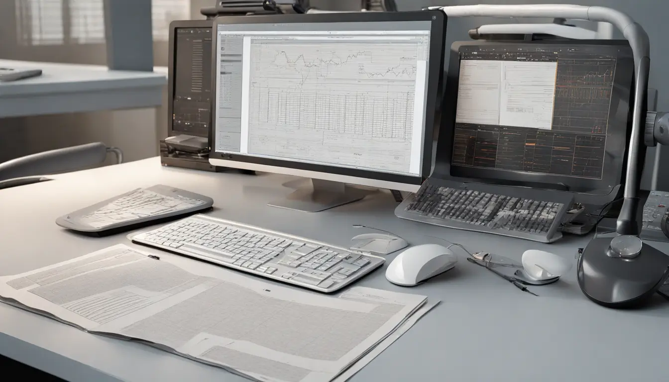 Computador com gráficos de eficiência e lupa sobre documento em escritório moderno simbolizando a inovação nas perícias previdenciárias.