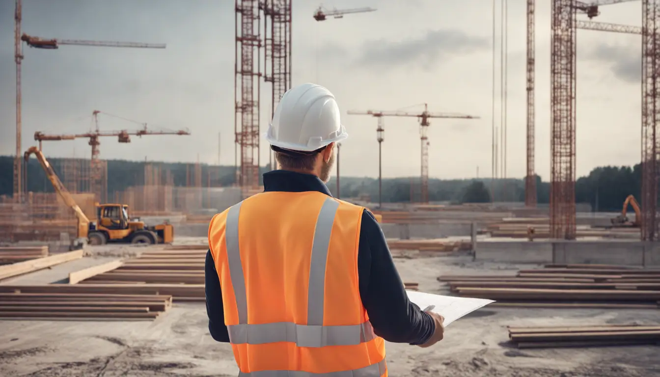 Especialista em segurança avaliando planta arquitetônica em canteiro de obras, destacando equipamentos de proteção.