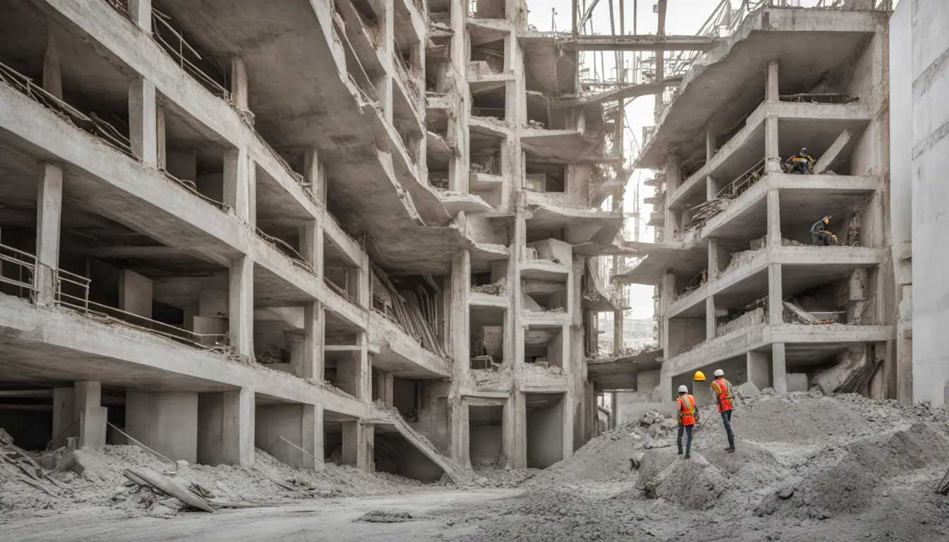 Engenheiro civil avaliando rachadura em viga de concreto durante inspeção forense de estrutura com prédio em construção ao fundo.