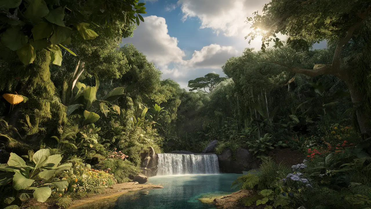 Vista de uma floresta densa com árvores grandes, flores coloridas e uma pequena cascata caindo em uma piscina clara.