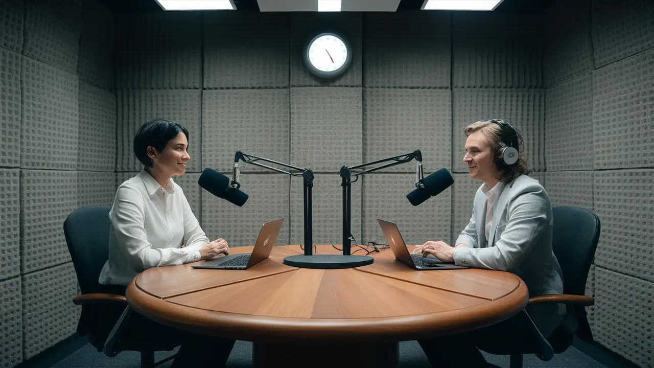 Anunciadores de rádio em estúdio moderno com mesa redonda e microfones, cercados por painéis acústicos.