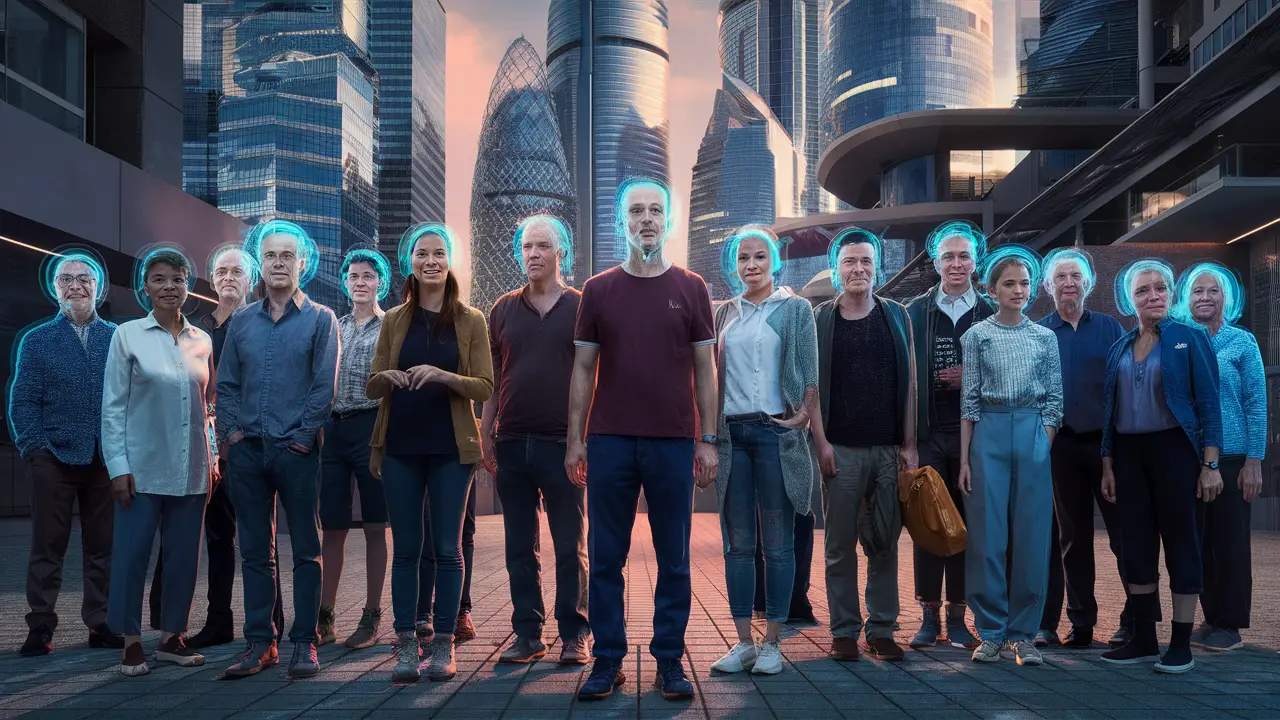 Pessoas em uma praça futurista com rostos escaneados digitalmente e realces holográficos.