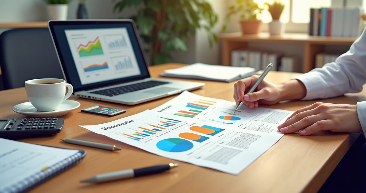 Mãos segurando documentos financeiros com gráficos e extratos bancários em uma mesa de trabalho organizada