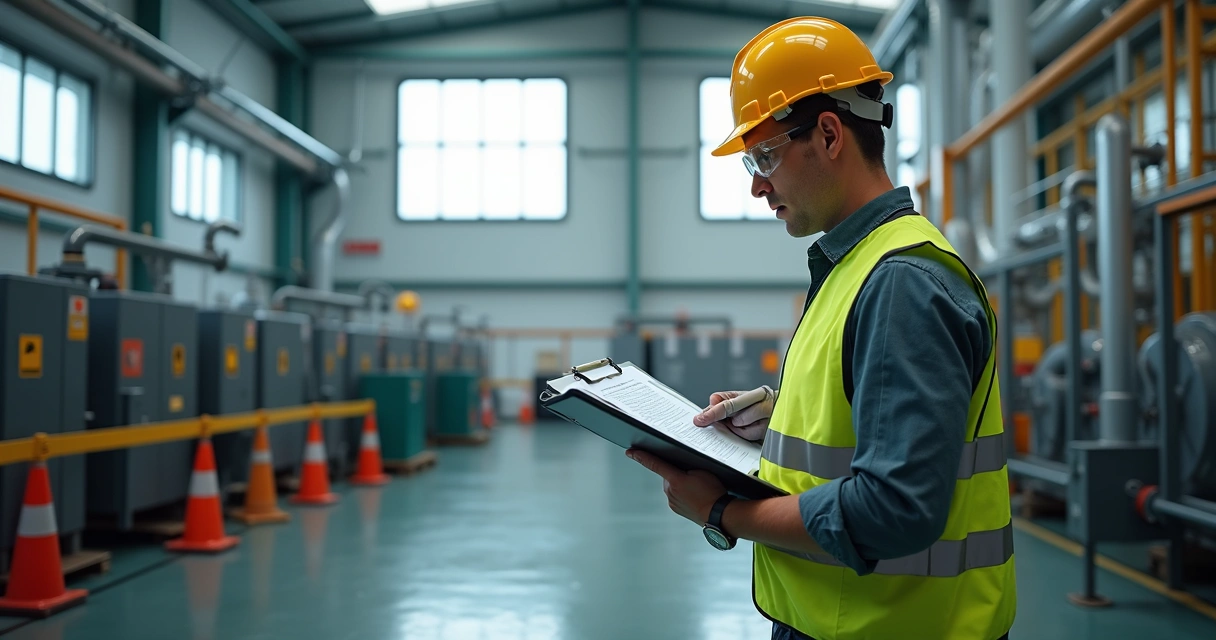 Perito analisando riscos ocupacionais em ambiente industrial com equipamentos de segurança e prancheta