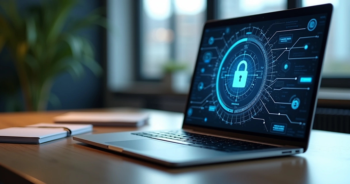 Mesa com laptop aberto mostrando tela de sistema de gestão digital, documentos digitais organizados ao lado e cadeado virtual indicando segurança de dados