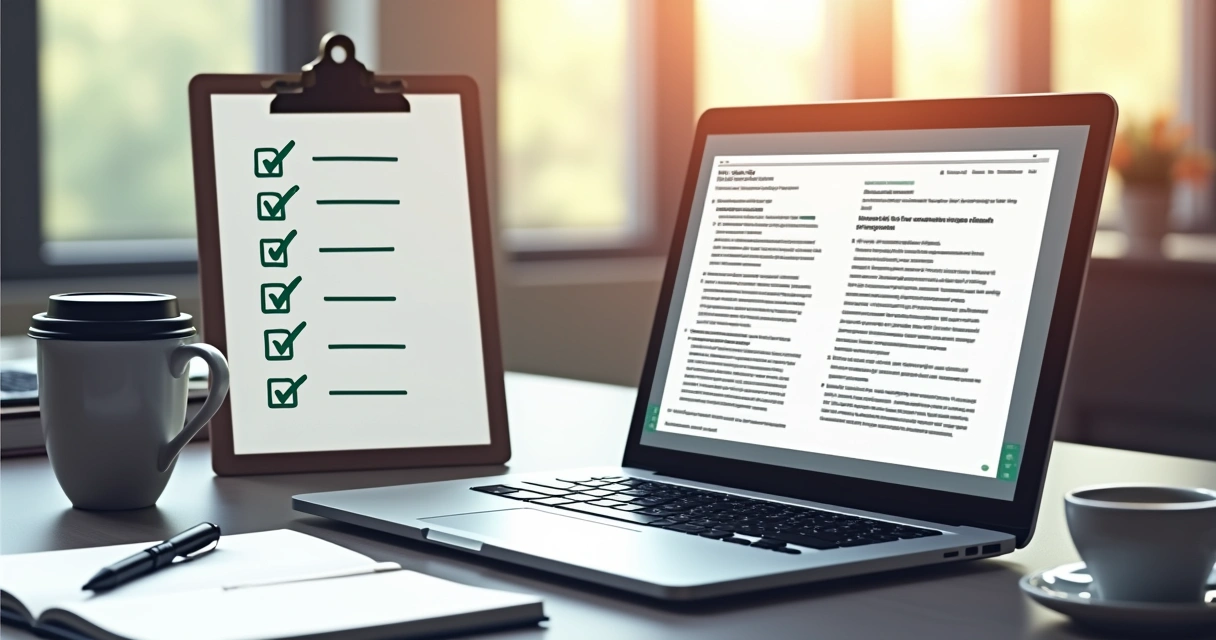 Computador aberto com laudo pericial digital na tela e checklist de verificações ao lado