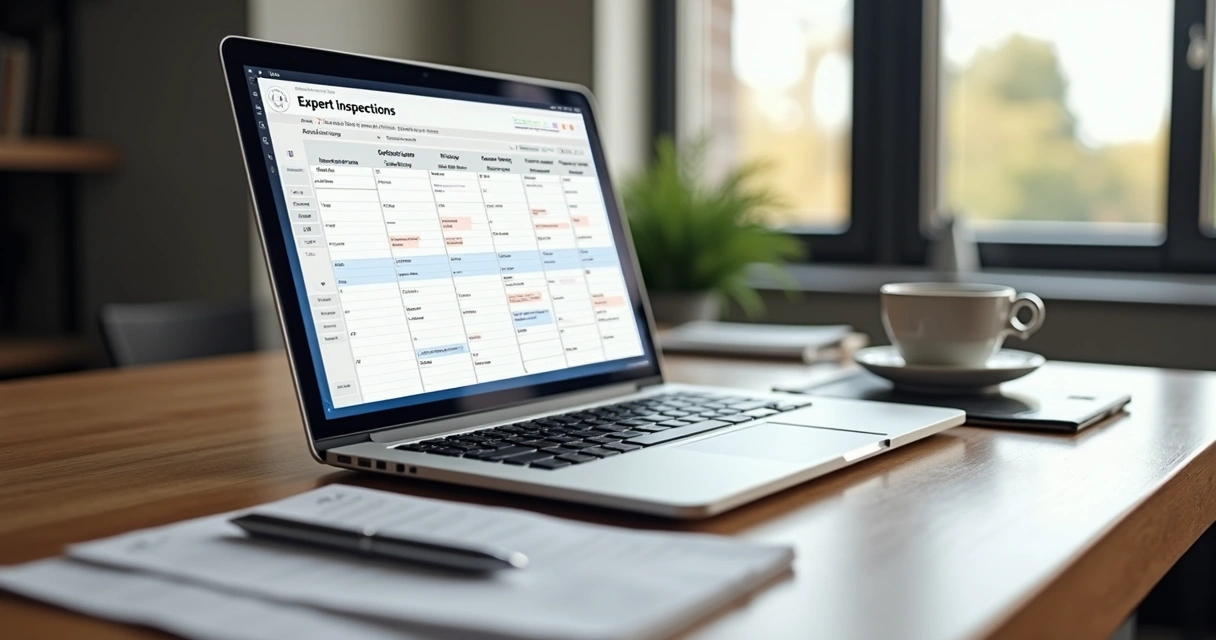 Mesa de trabalho organizada com laptop aberto exibindo agenda digital de perícias, calendário, anotações e caneta sobre superfície de madeira clara em ambiente moderno e iluminado
