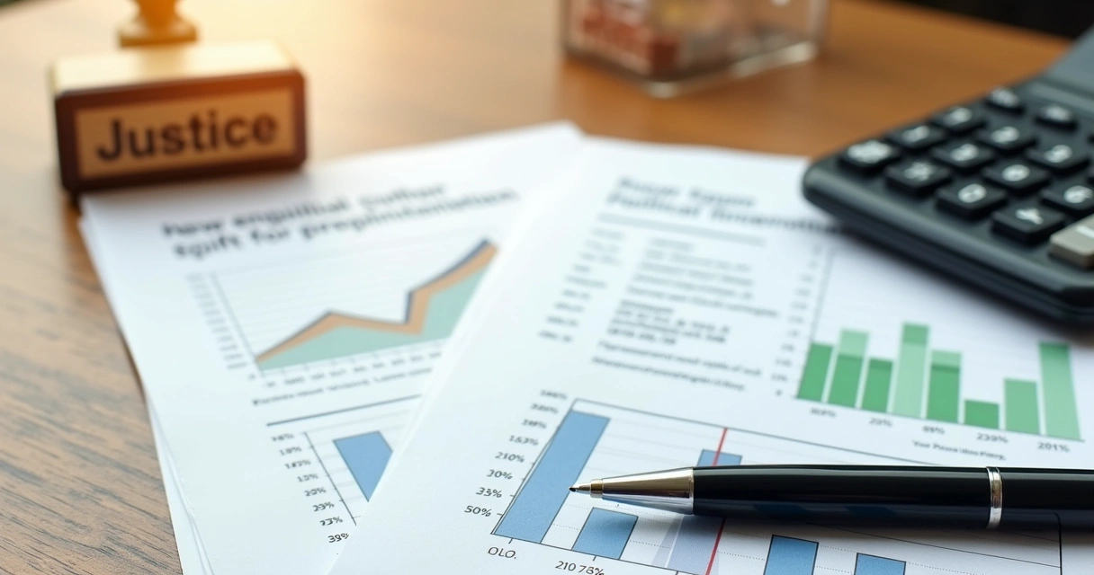 Mesa de trabalho com documentos jurídicos, calculadora, carimbo de justiça e caneta sobre papel com tabelas financeiras