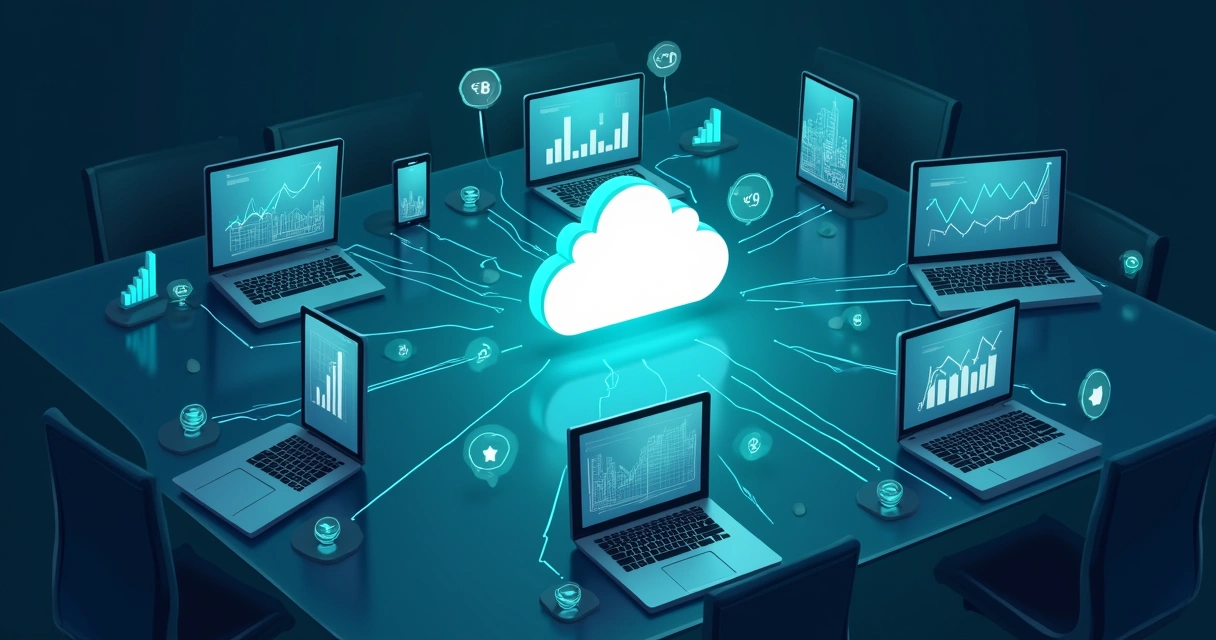 Computadores e dispositivos conectados a uma nuvem digital centralizada, com gráficos e dados flutuando ao redor