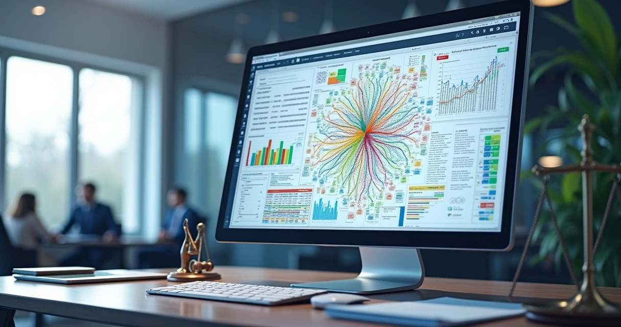 Diagrama de mapas mentais integrados a relatórios complexos com elementos digitais e gráficos