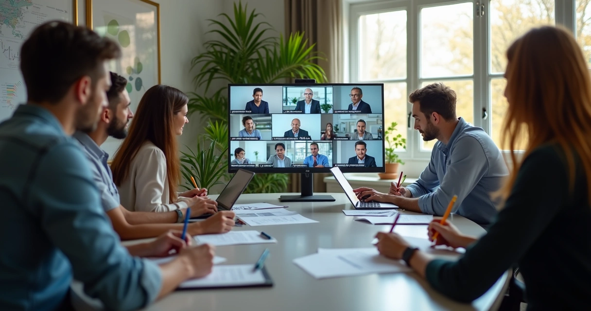 Equipe de peritos em vídeo chamada durante treinamento remoto com gráficos e anotações na tela do computador