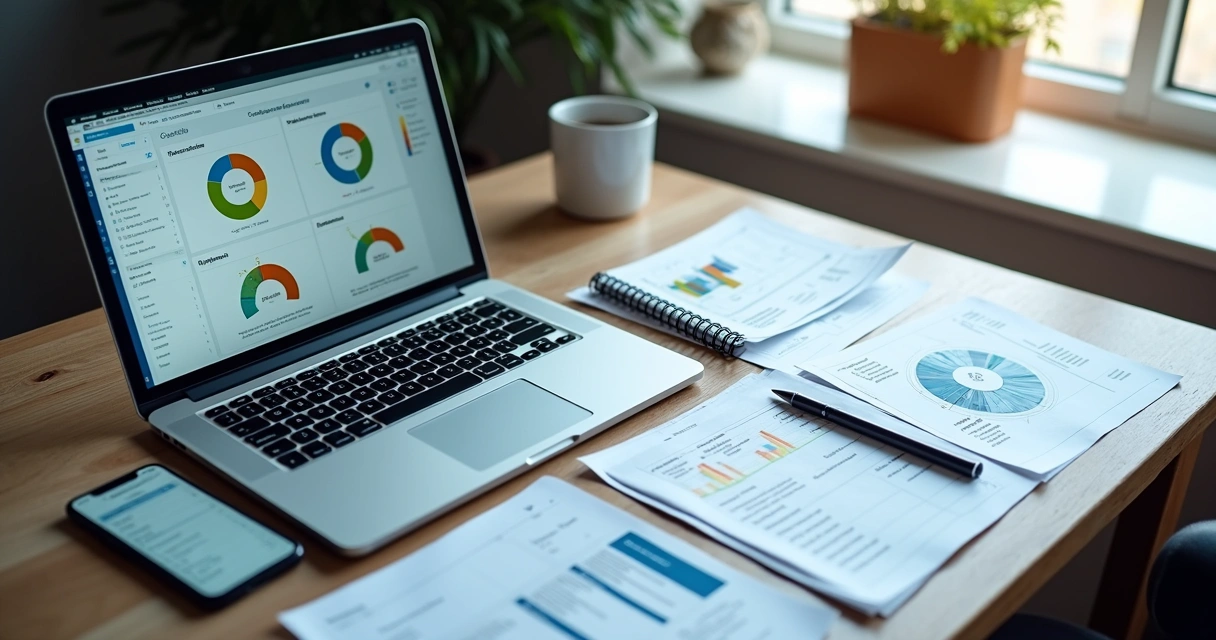 Mesa de trabalho com laptop exibindo dashboard de automação, documentos periciais e smartphone ao lado