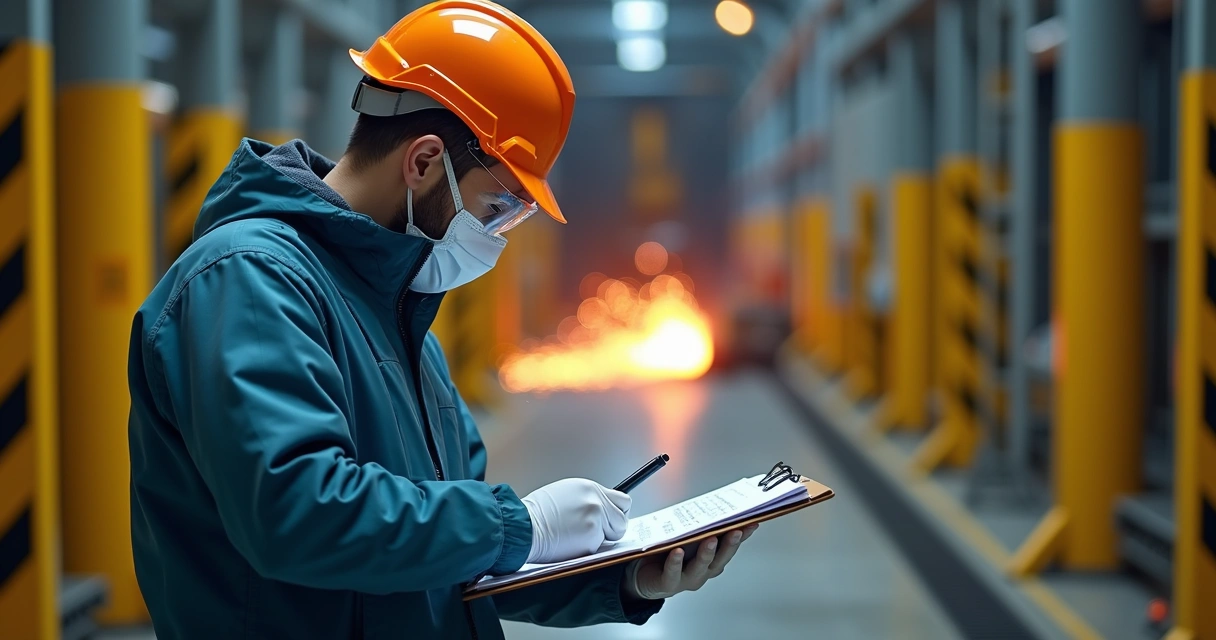 Perito técnico analisando ambiente de trabalho perigoso com equipamentos de segurança e sinais de alerta
