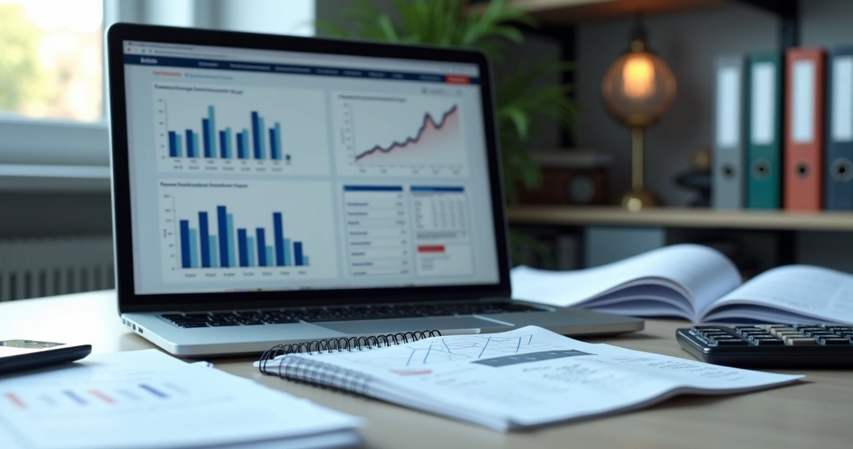 Mesa de escritório com laptop aberto mostrando gráficos financeiros, caderno com anotações e calculadora ao lado, papelada organizada para gestão contábil pericial