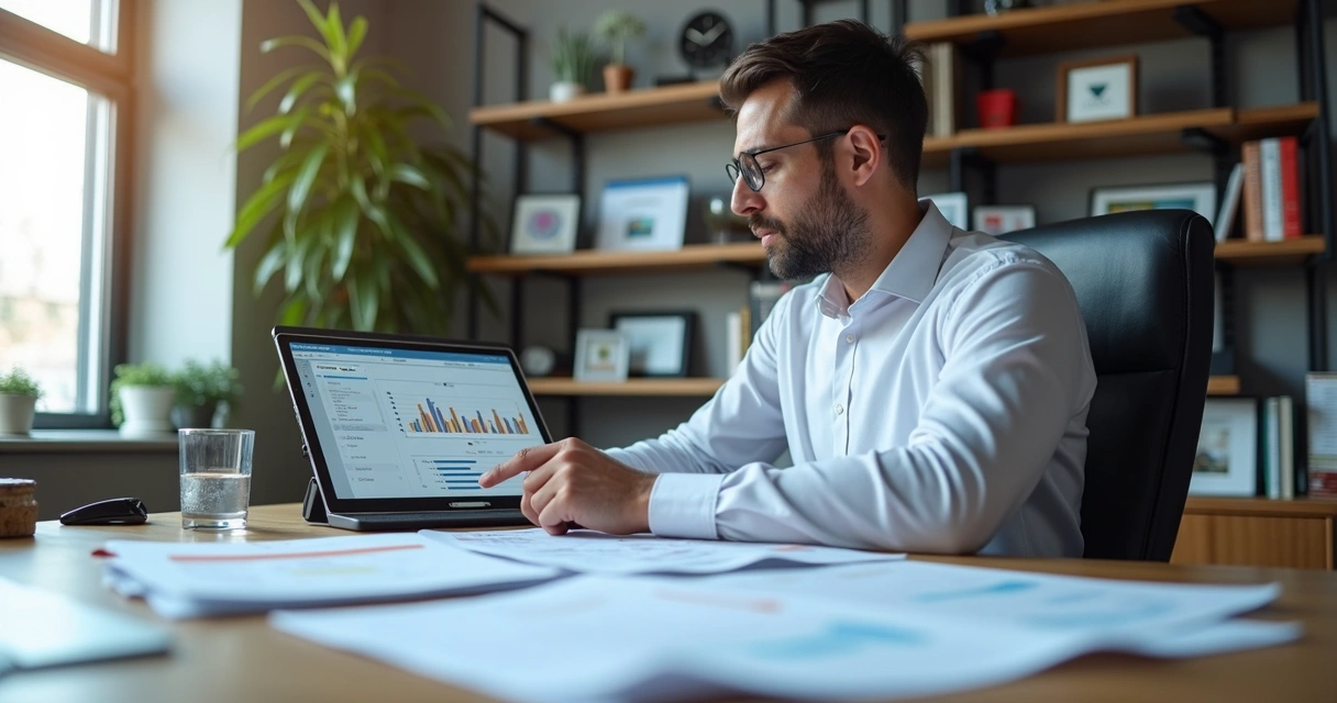 Perito em escritório moderno analisando documentos com gráficos e agenda digital ao lado