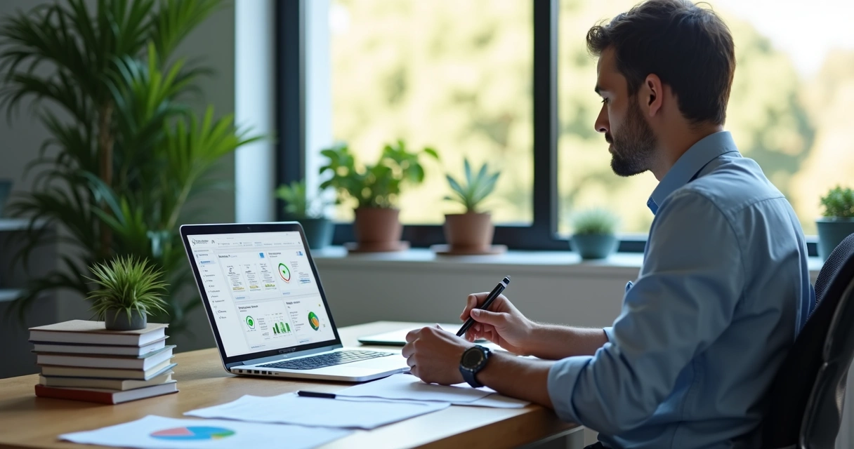 Perito autônomo organizando fluxo de trabalho em escritório moderno com computador e anotações