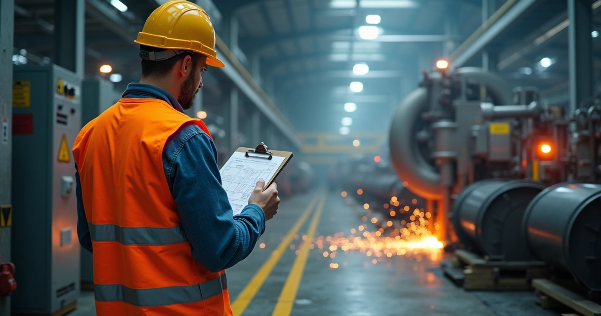 Perito técnico avaliando equipamento de segurança em ambiente industrial para laudo de periculosidade