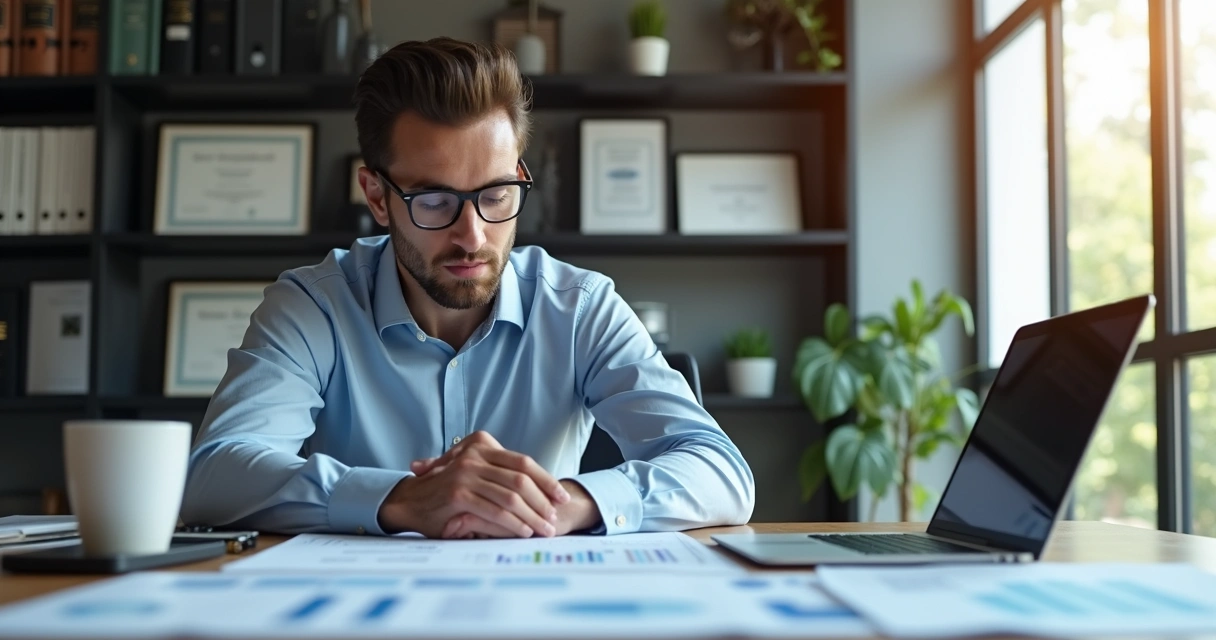 Perito contábil analisando detalhadamente um relatório financeiro em escritório moderno