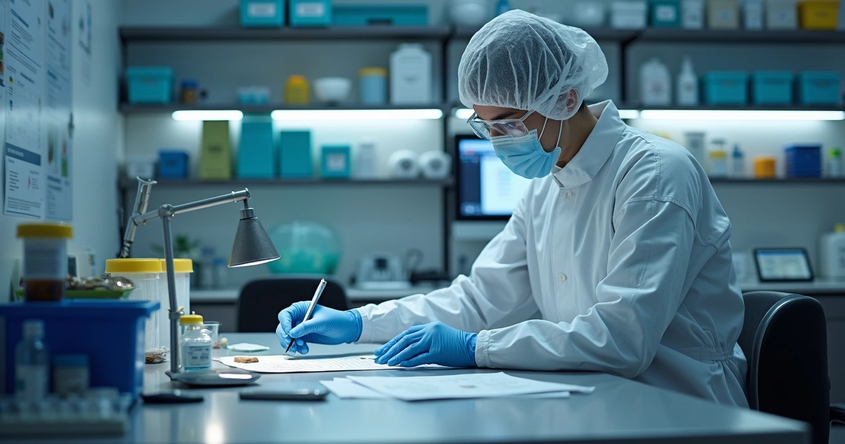 Perito criminal analisando vestígios forenses em laboratório com equipamentos modernos, em ambiente organizado e iluminado