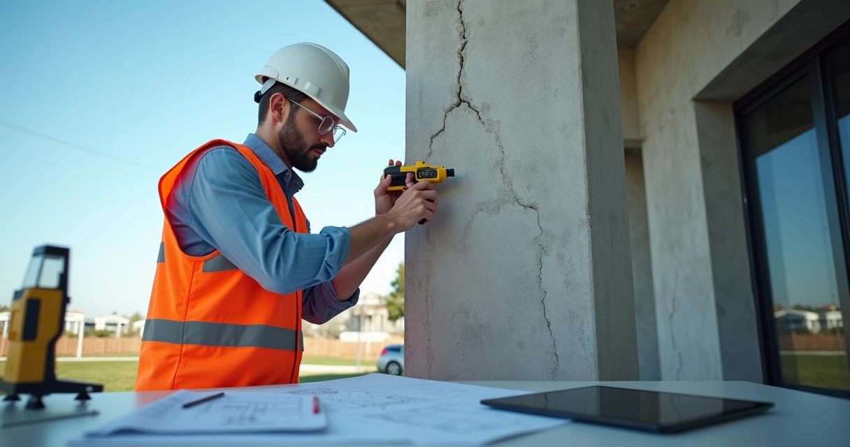 Perito em engenharia realizando vistoria técnica em estrutura de edifício com equipamentos de medição digital