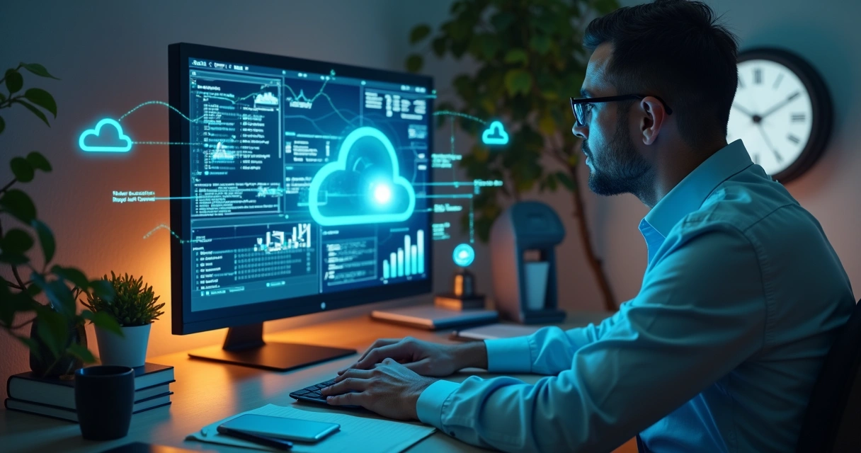 Perito trabalhando em computador com ícones de nuvem, gráficos e documentos digitais ao redor