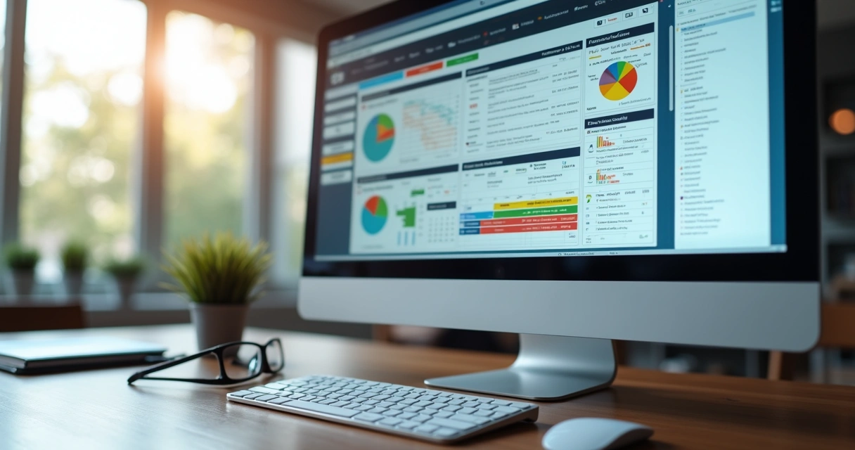 Tela de computador exibindo software de gestão pericial com gráficos e interface limpa