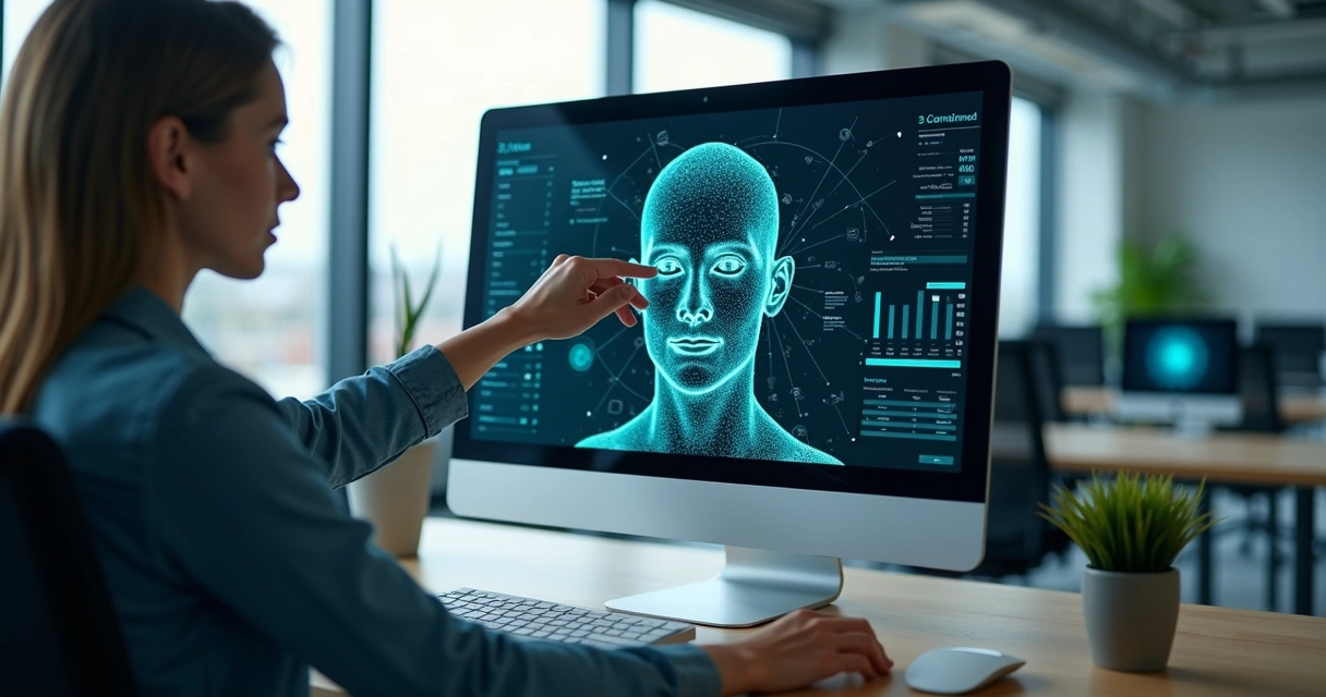 Pessoa utilizando software de reconhecimento facial em tela de computador com gráficos e dados visíveis