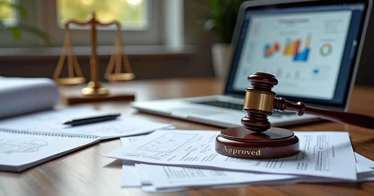 Mesa de trabalho com documentos legais, laptop exibindo análise forense digital e carimbo de aprovado