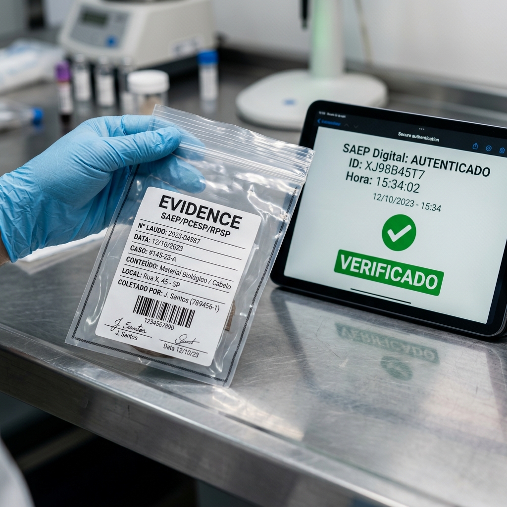 Mão de perito com luva verificando logs no SAEP via tablet