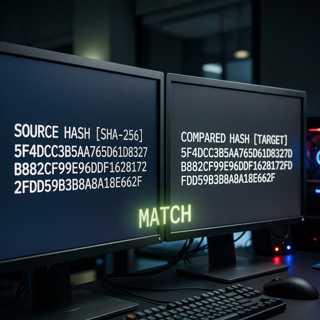 Monitor forense exibindo MATCH verde piscando e Hash criptográfico longo