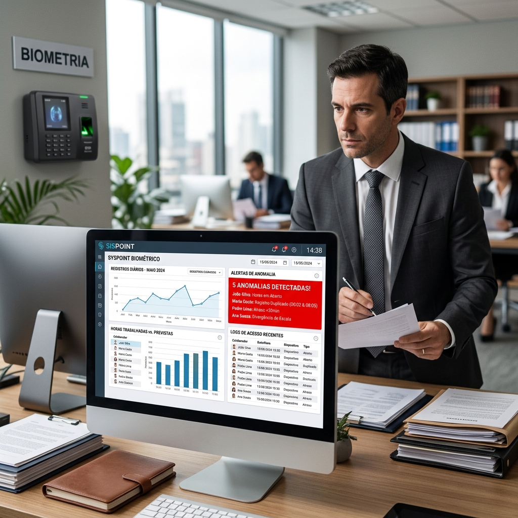 Tela de software de gestão biométrica com alertas de anomalia