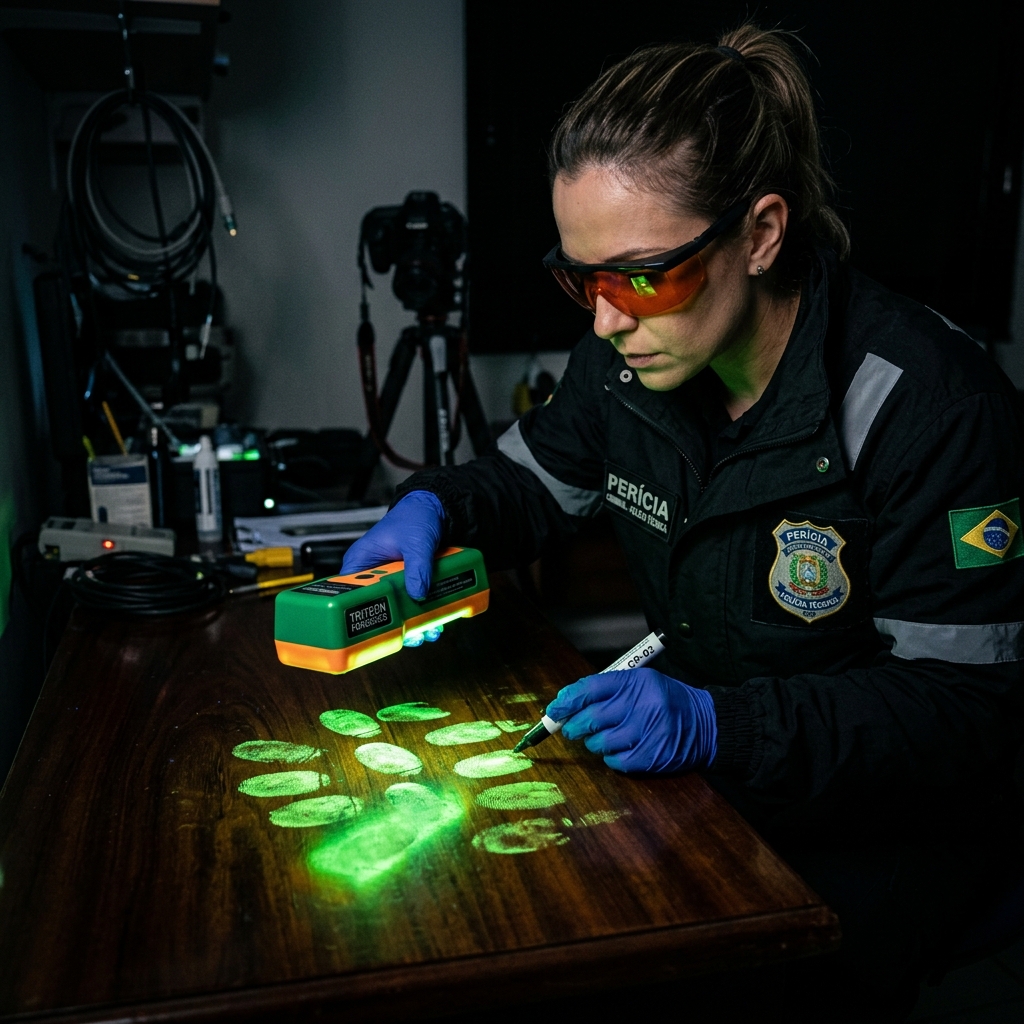 Perito usando luz alternada ALS para revelar impressões latentes fluorescentes