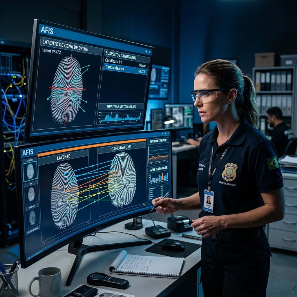 Analista forense no painel do sistema AFIS de comparação automatizada