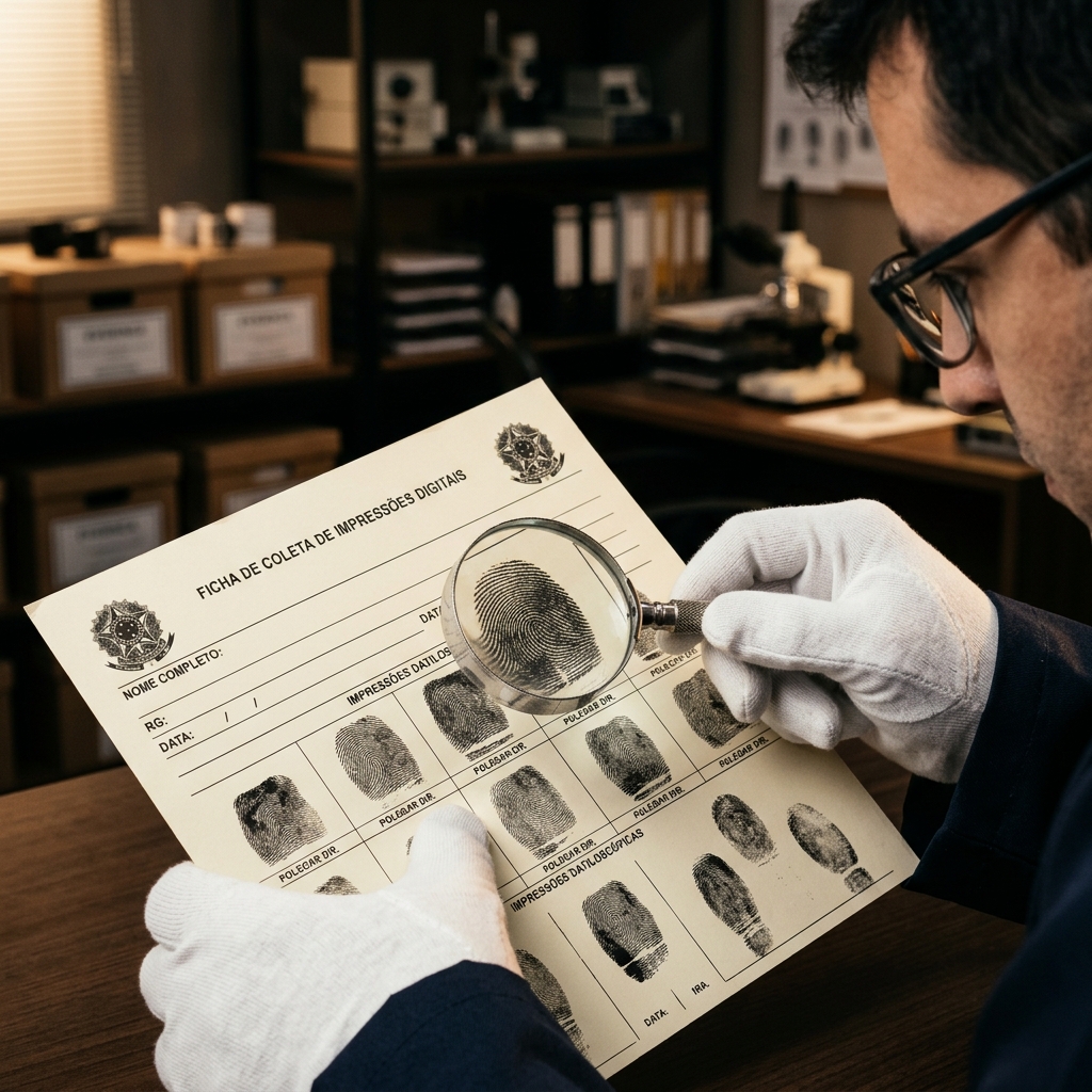 Perito datiloscópico com lupa sobre ficha de impressões em nanquim