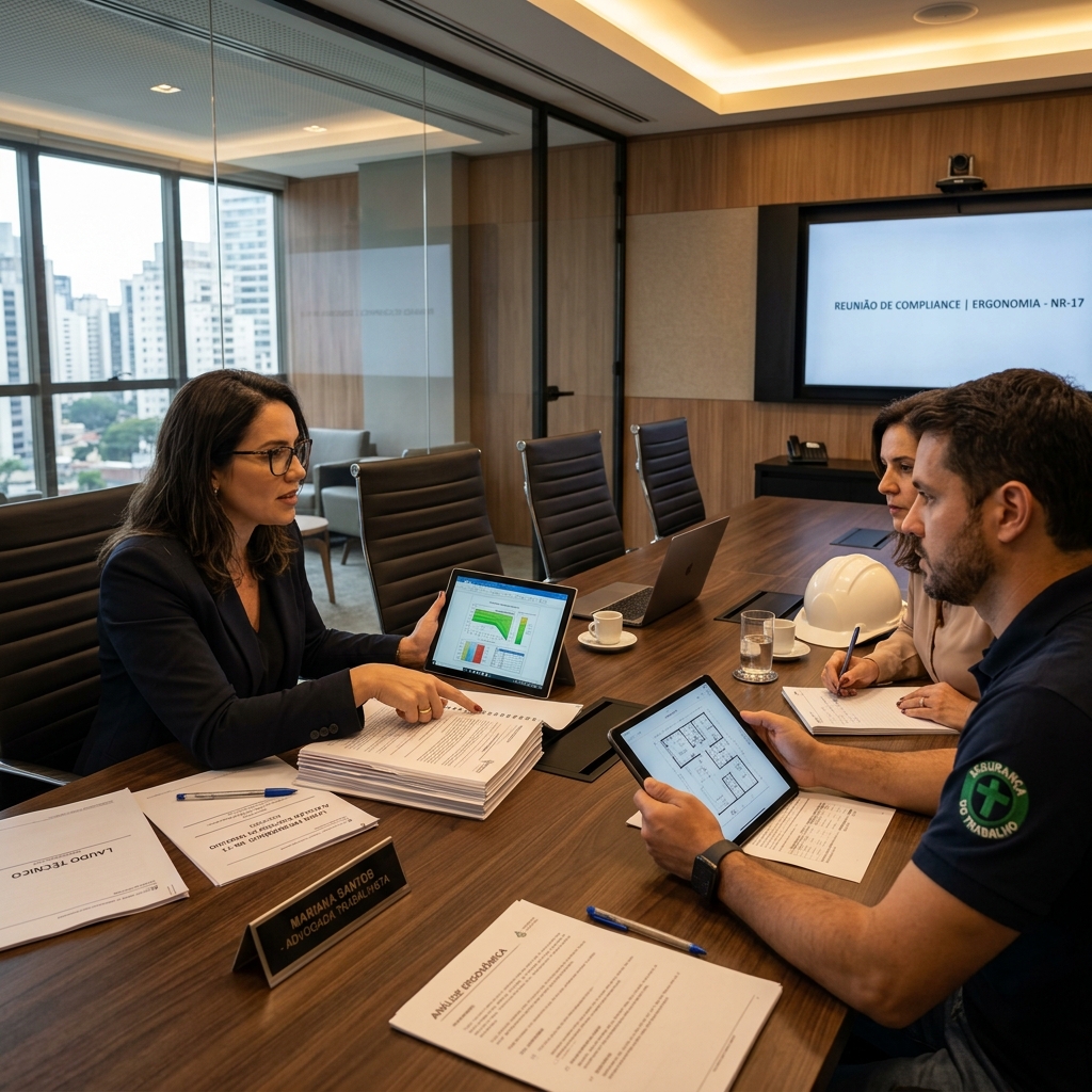 Reunião de compliance entre perito, advogado e RH