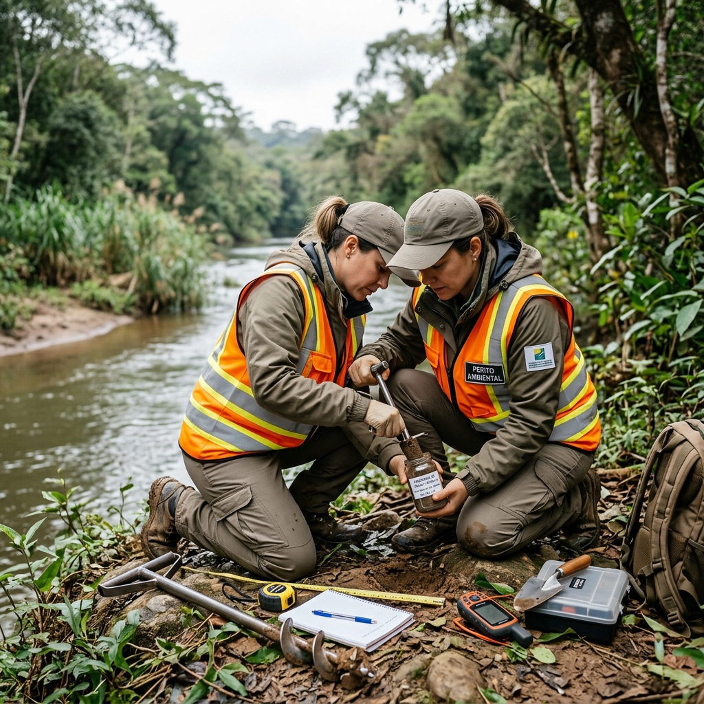 Perito ambiental coletando amostras de solo em campo com rio ao fundo