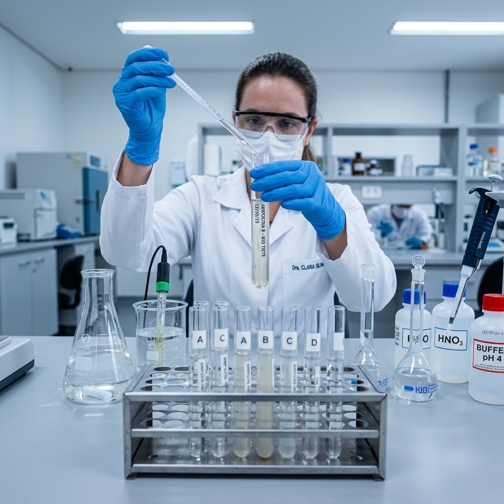 Perito em laboratório analisando amostras de água em tubos de ensaio