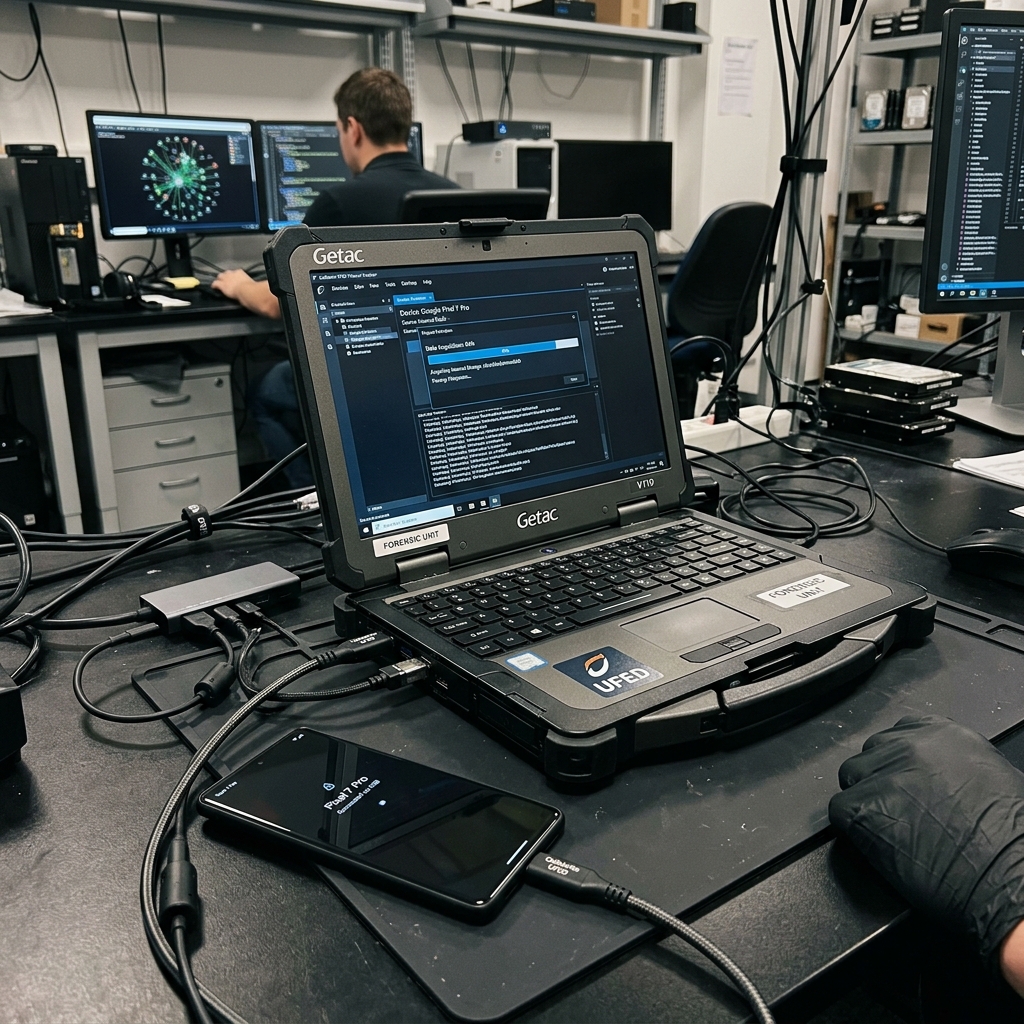 Celular conectado a estação de forense digital