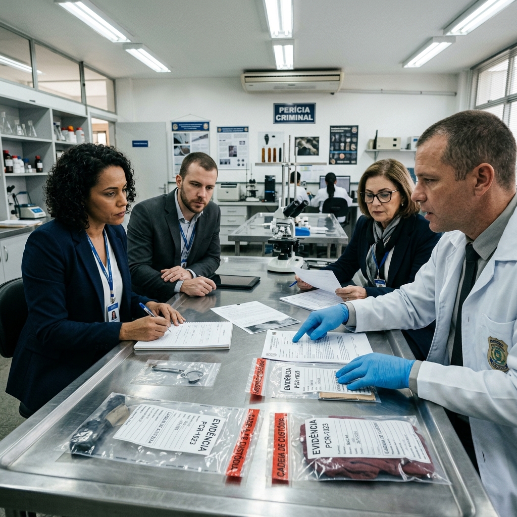 Peritos discutindo evidências criminalísticas na mesa