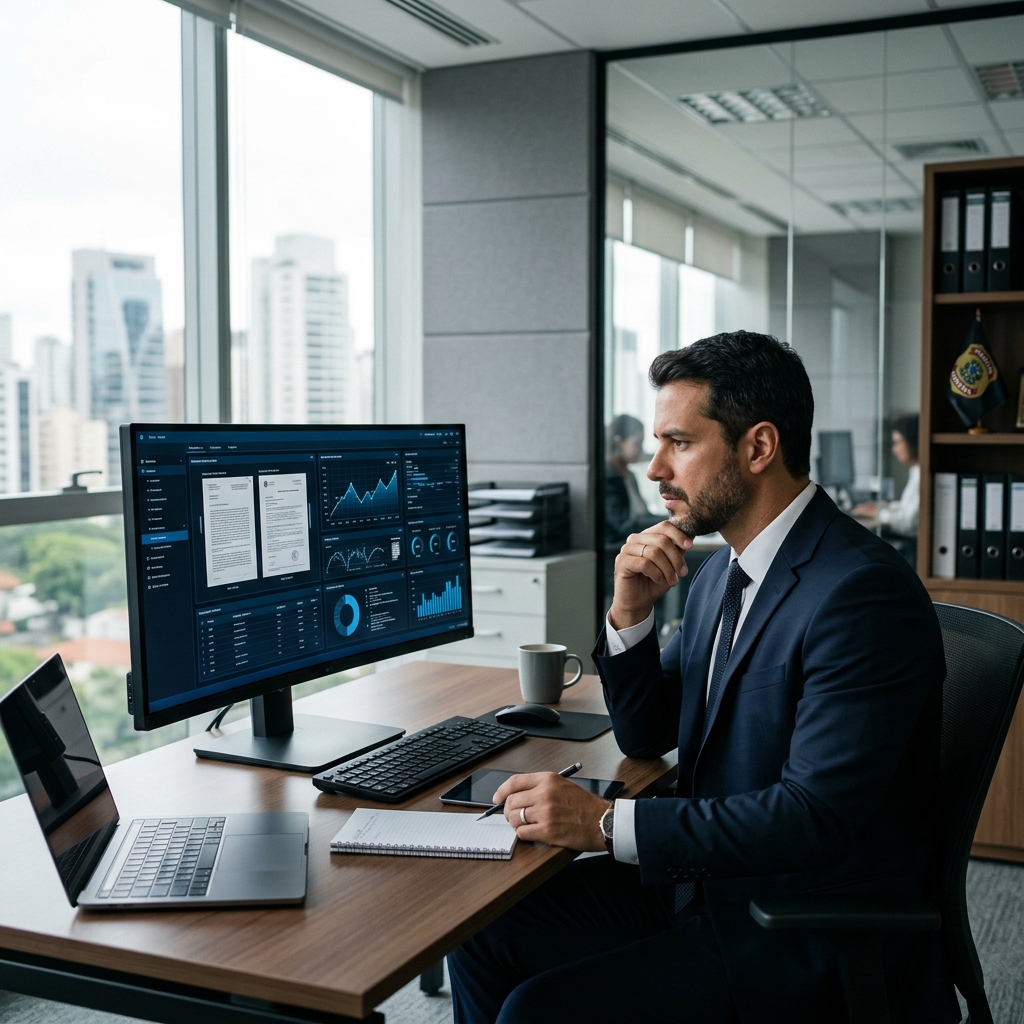 Perito forense brasileiro revisando documentos digitais em monitor ultra-wide em escritório corporativo