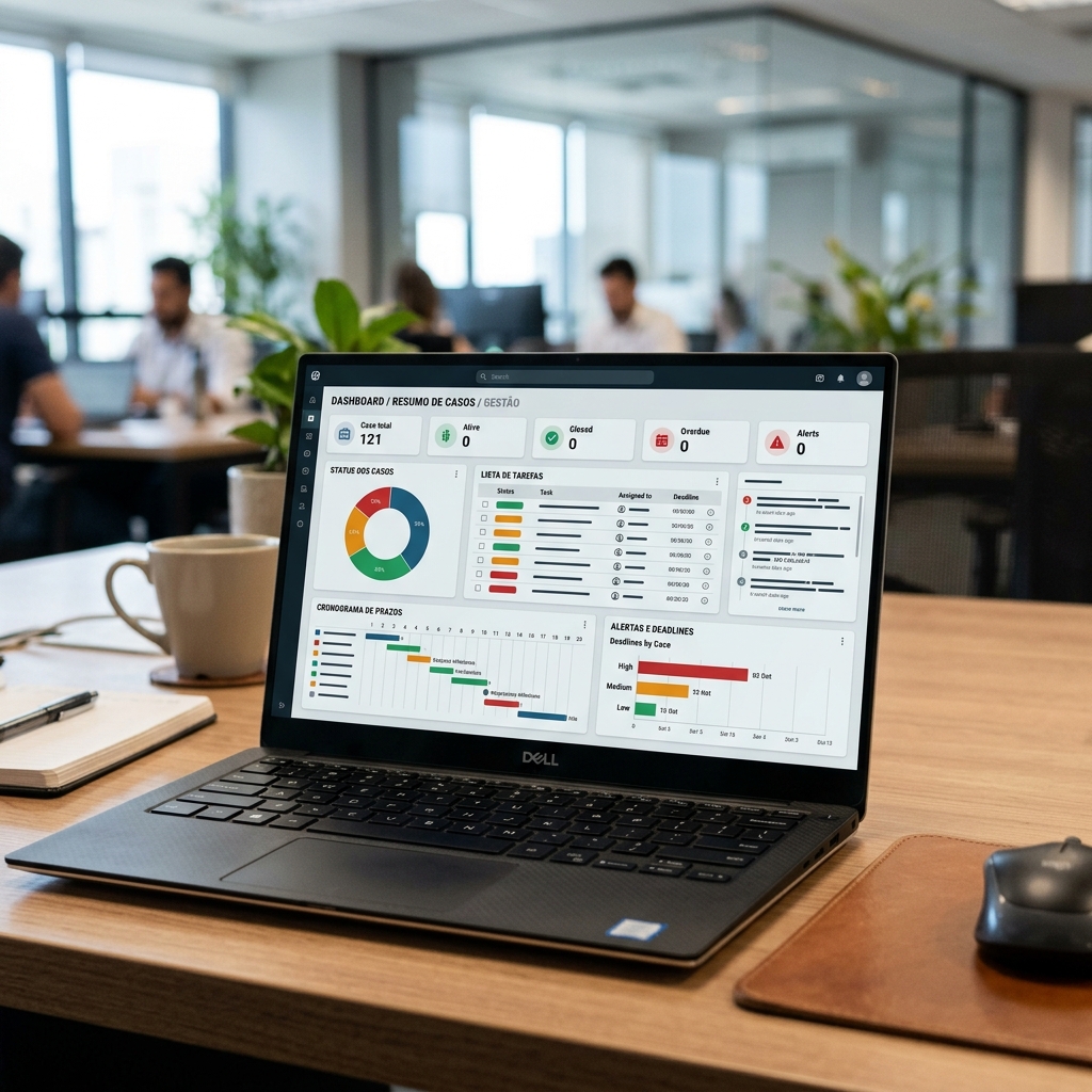 Dashboard de gestão pericial com painel de processos, tarefas e prazos