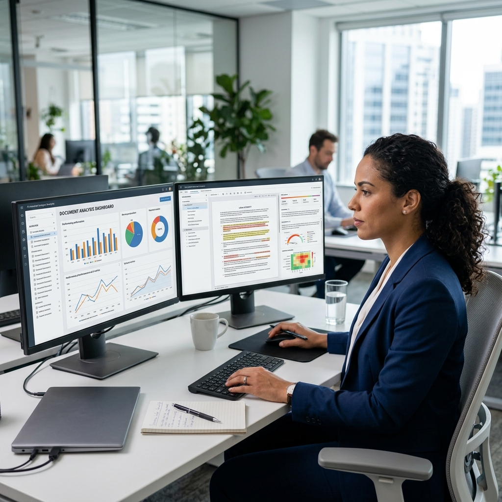 Profissional brasileira analisando dados com suporte de IA em duplo monitor