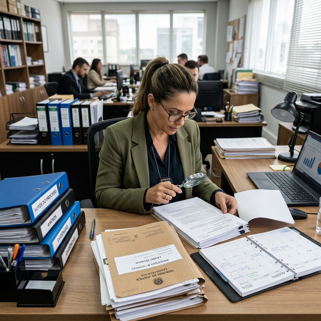 Perito revisando processos físicos organizados em pasta com calendário de prazos