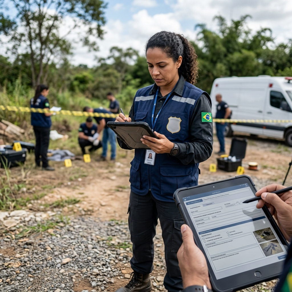 Perita brasileira usando tablet em inspeção de campo com formulários digitais