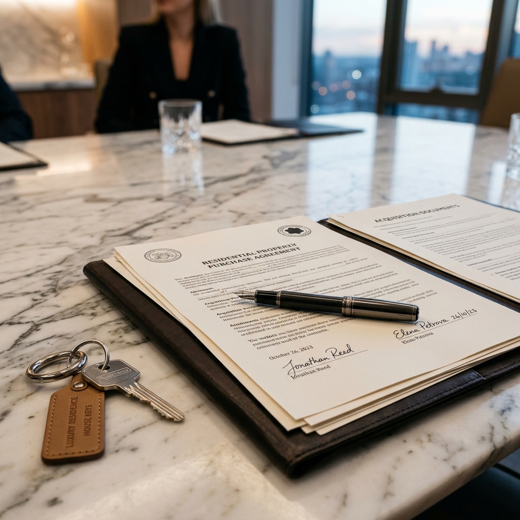 Reunião entre advogado corporativo e perito assistente técnico analisando relatórios de avaliação imobiliária no escritório