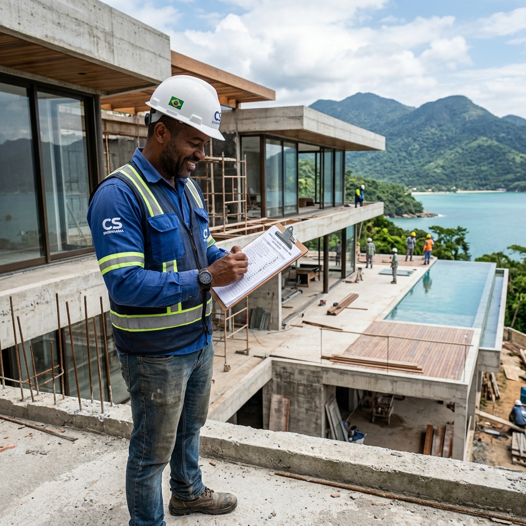 Engenheira perita tirando fotos de patologias em parede de concreto de galpão industrial