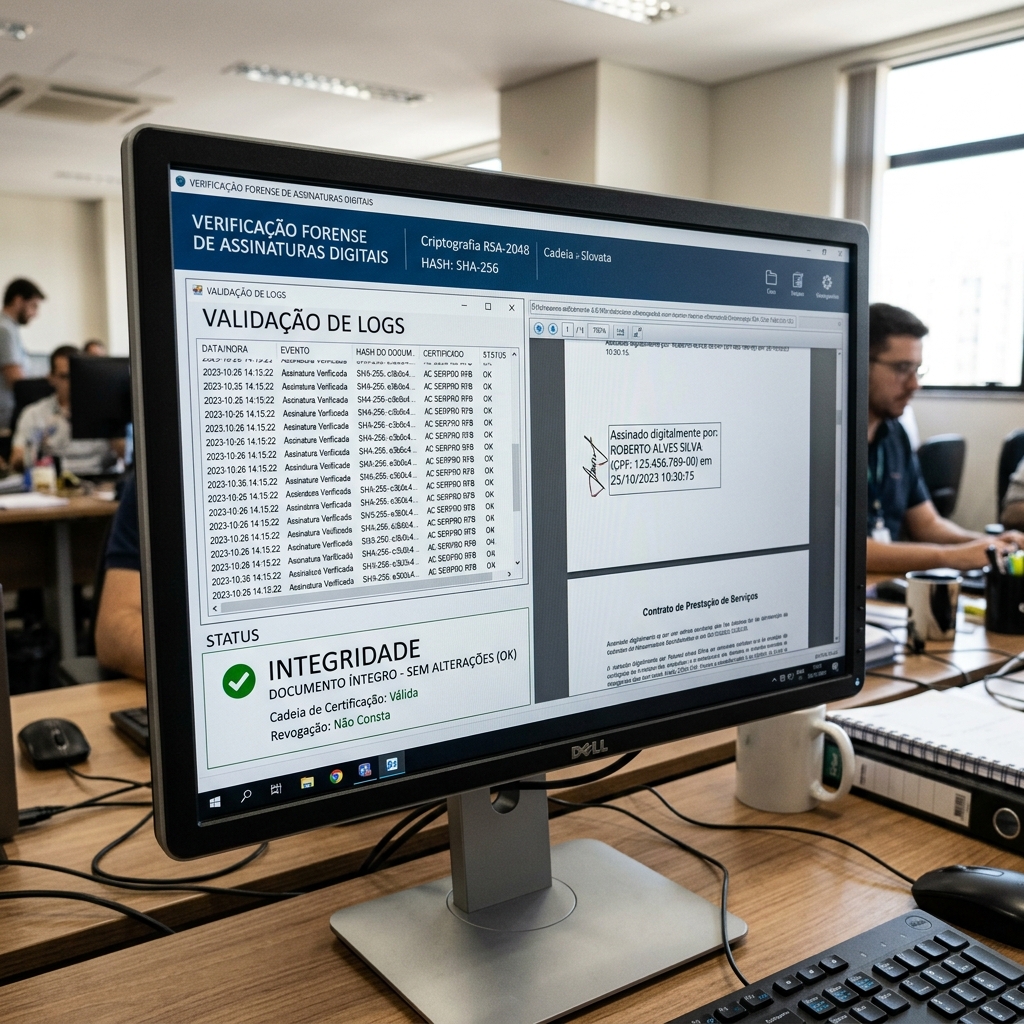 Engenheira pericial utilizando microscópio eletrônico e software de análise óptica em laboratório forense de última geração