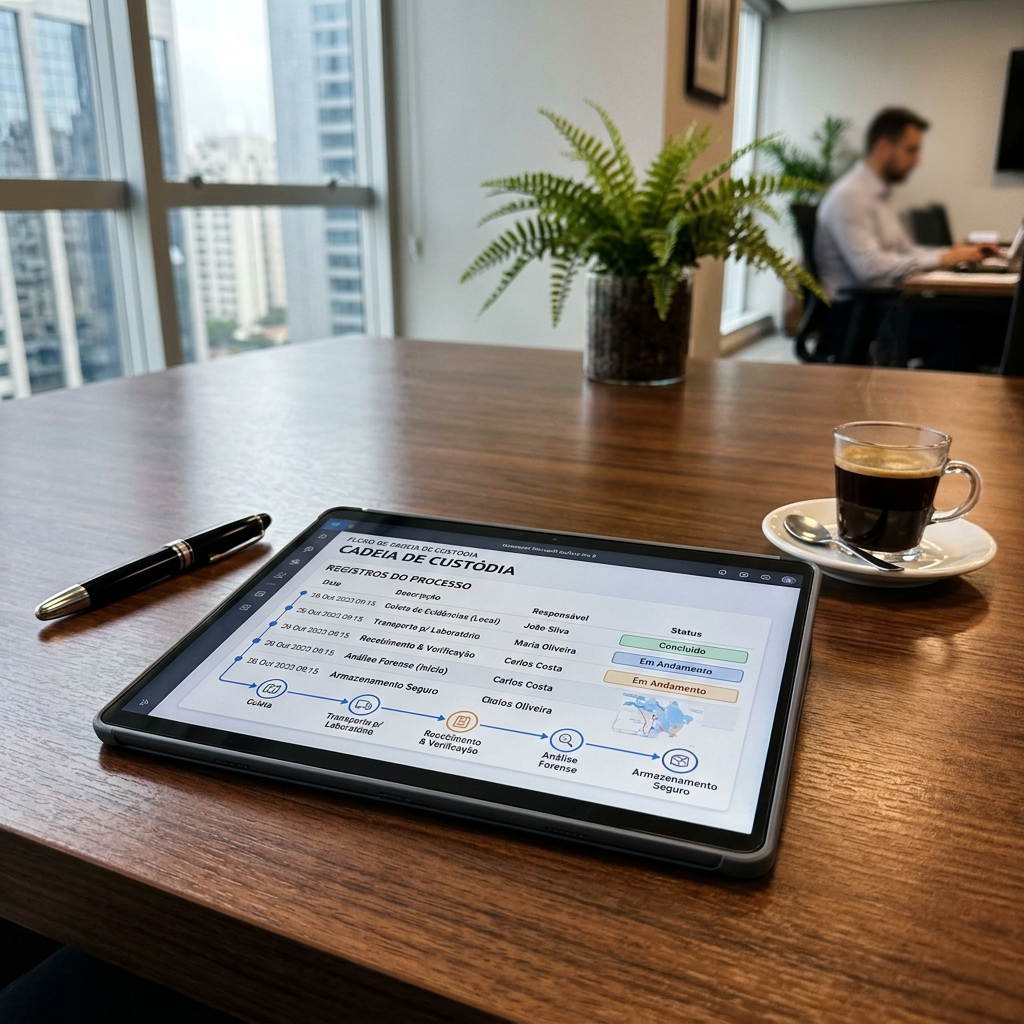 Tablet moderno sobre mesa de madeira escura com dashboard da cadeia de custódia cronológica e texto em português